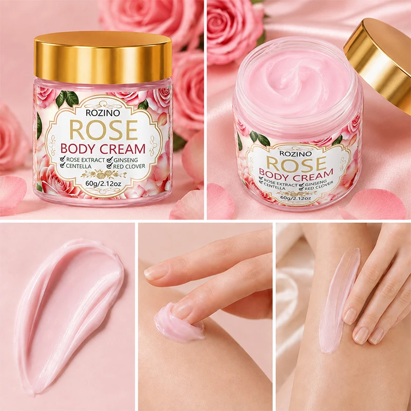 Rozino Selected Bulgarian Rose Valley Luxurious Body Cream, Featuring Damascus Rose Essence from the Country of Roses, with a Dense, Silky Texture That Quickly Melts into the Skin, Providing Instant Hydration. It Has a Natural Rose Fragrance That Is Hydrating and Moisturizing, Suitable for All Skin Types and All Seasons, Offering Deep Hydration, an Ultra-Thin Texture for a Smoother Skin Feel, and Is Ideal for Massage to Lift and Moisturize the Skin