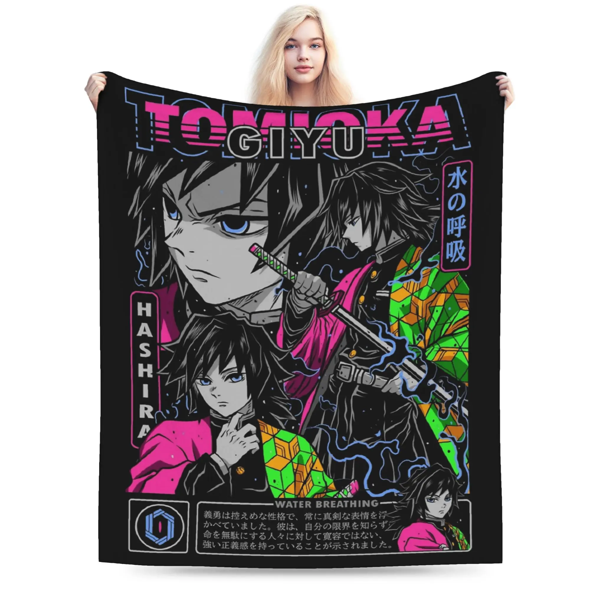 Tomioka Giyu Anime Blankets Flannel Spring/Autumn KNY Lightweight Thin Throw Blanket for Bedding Outdoor Plush Thin Quilt