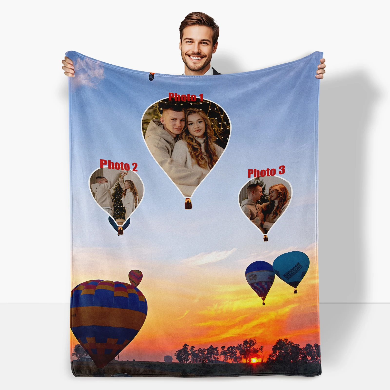 Hot Air Balloon Sunset Blanket Featuring Sky Trees And Golden Glow A Warm Embrace Of Evening Tranquility And Beauty