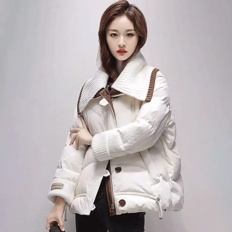 Women Down Cotton Jacket New Fashion Knitted Splicing Turndown Collar Winter Korean Thick Warm Parkas Overcoat Female Cotton