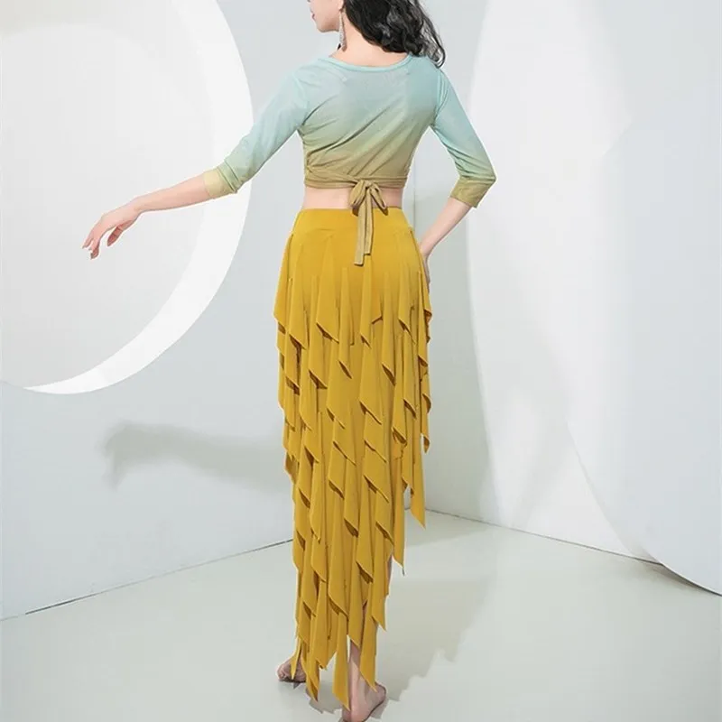 Sexy Vrouwen Buikdans Kostuum 2-delige Set Flowy Fringe Rok Gardient Gaas Top Oosterse Danser Praktijk Show Stage Outfit Nieuwe