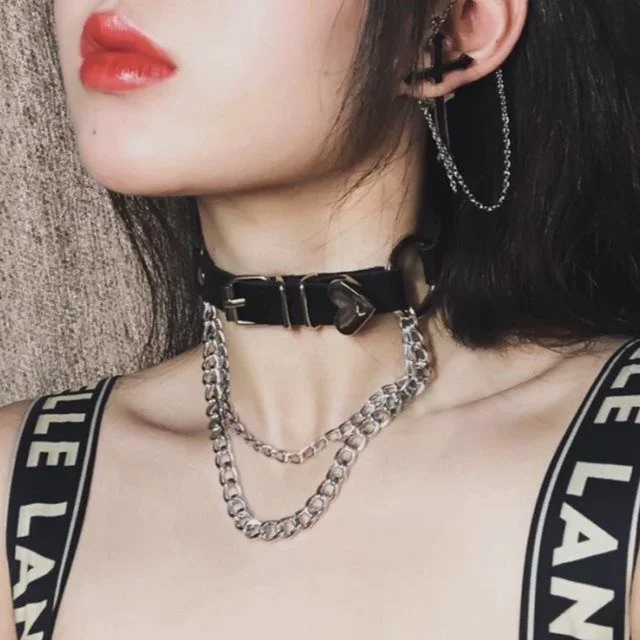 Harajuku Lolita Punk Gothic Steam Peach Heart Chain Leather Necklace Rock Kpop Neck Collars Black Chokers Necklace Cool Collar