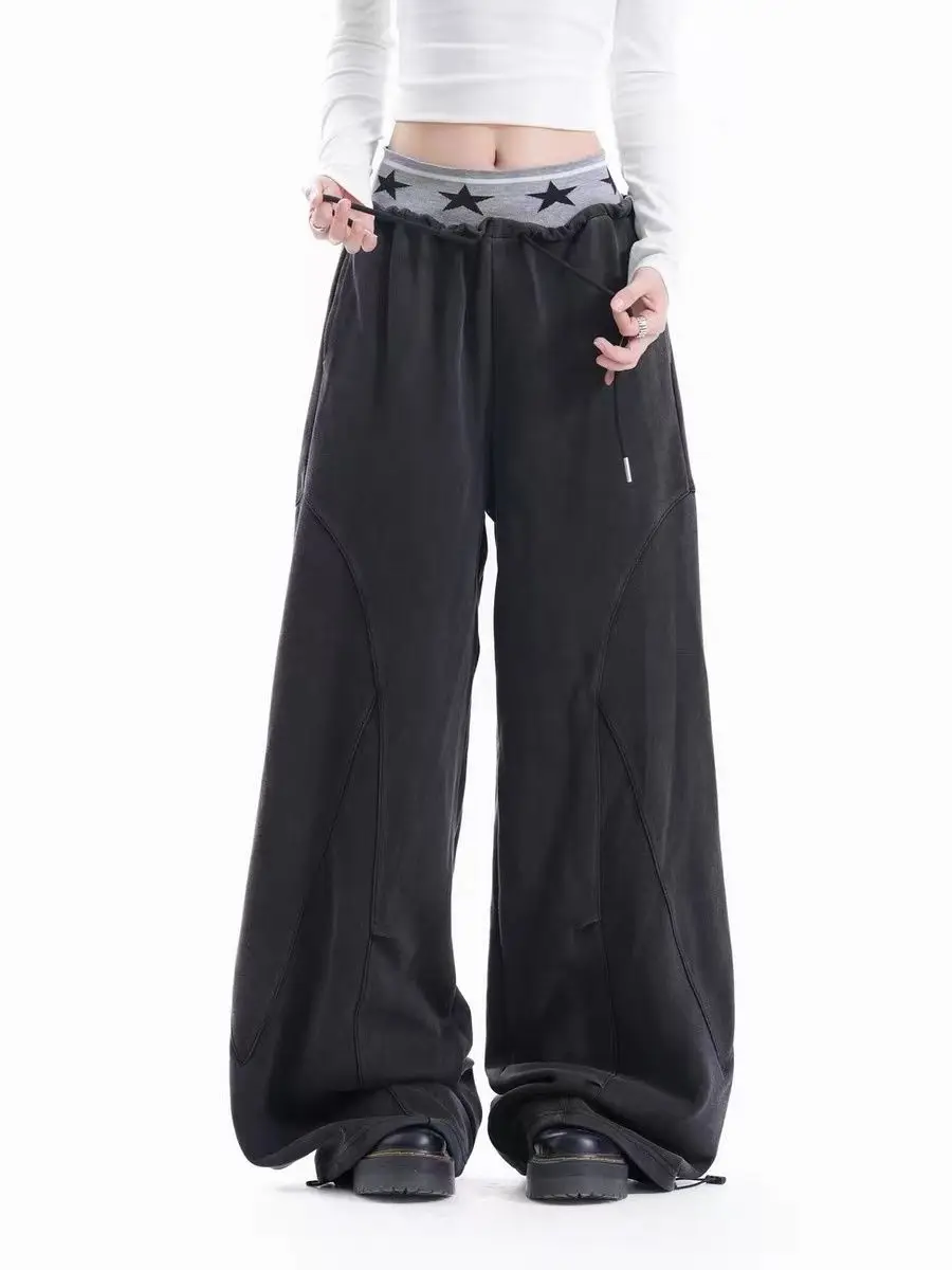 Men's Star Pattern Splicing Design Sweatpants Street Style Cool Boy Vibe Casual Pants Spring Bottom Male High Waist Y2k Trousers