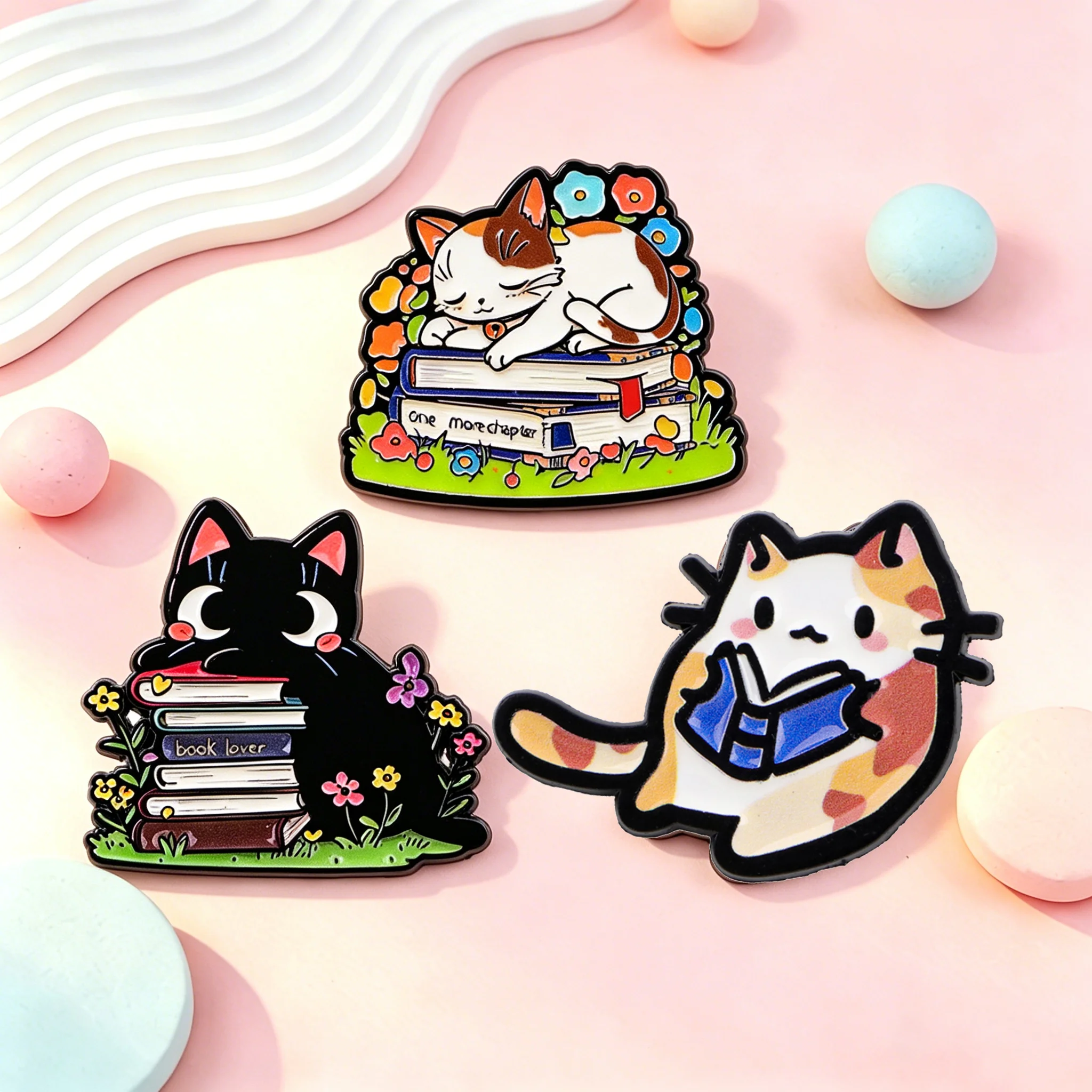 Cute Book Lover Cat Enamel Pins Reading Brooches Badges for Backpacks Jackets Hats Retro Collection Gifts Cosplay Accessories
