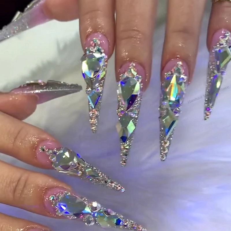 

XXL Extra Long Stiletto Handmade 10PCS Bling Press On Nails Acrylic Rhinestone XL Long Square False Nails Reusable Fake Nail Tip