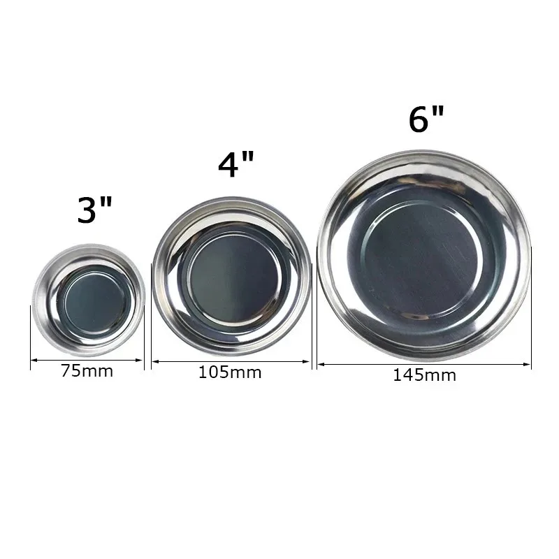 3/4/6-inch stainless steel round magnetic parts tray for storing screws and other parts, suitable for car suction cups and tools