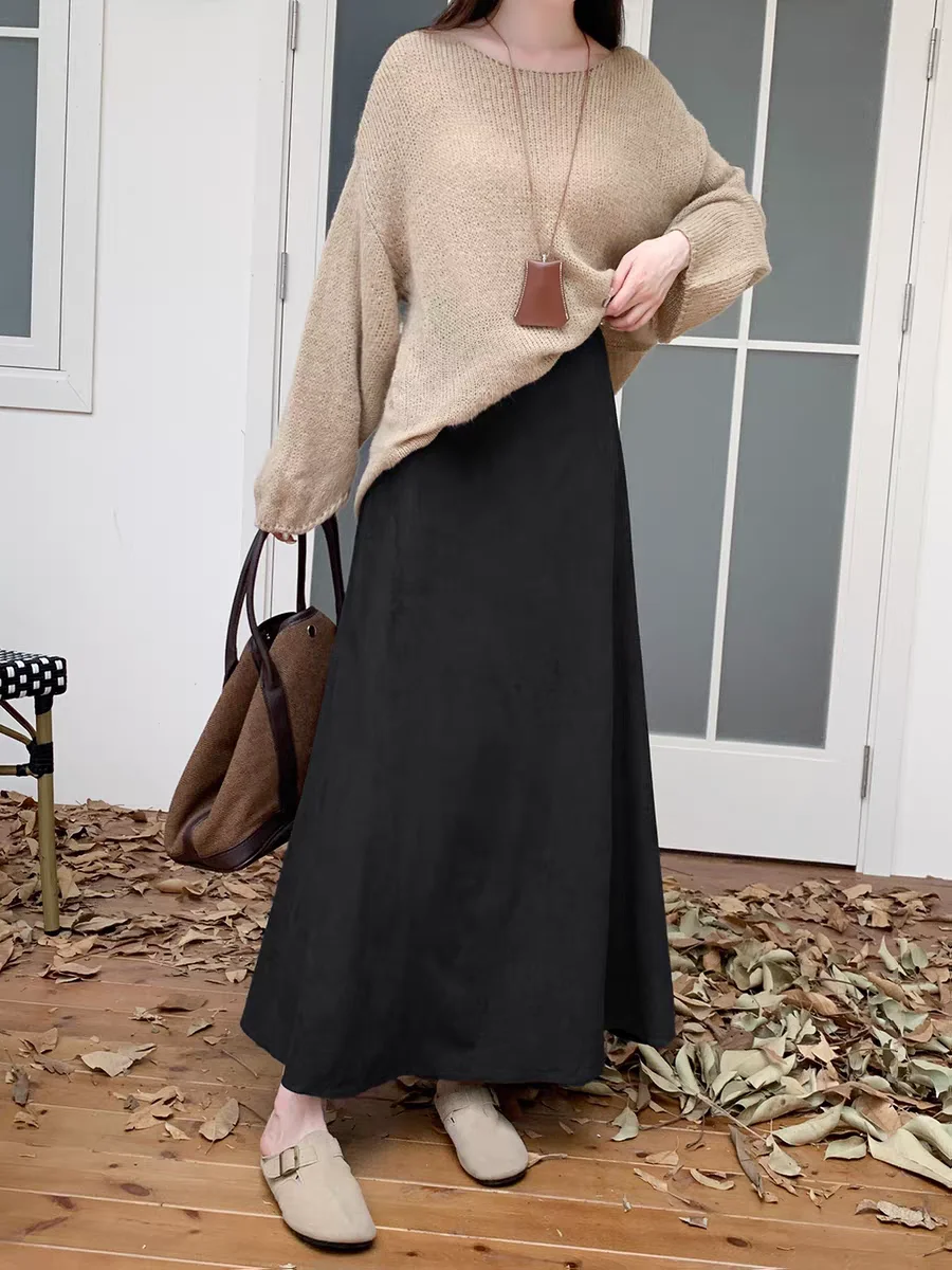 Effortless Elegance: 2025 Faux Suede High Waist A-Line Skirt Women Flowy Maxi Length Skirt with Flared Hem