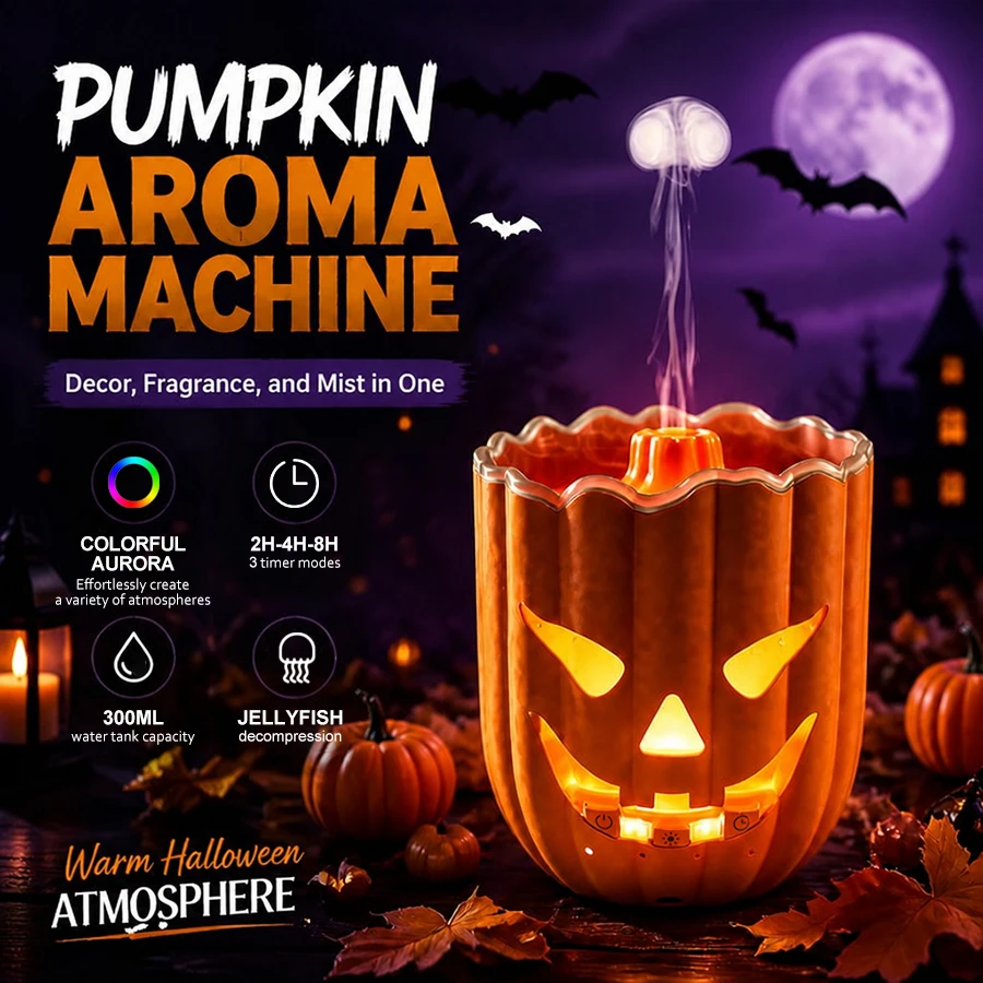 Halloween Pumpkin Aroma Diffuser, 7 Color Light, 2-8H Timer, 300ml, Quiet Mist Humidifier, Essential Oil Diffuser, Festive Decor