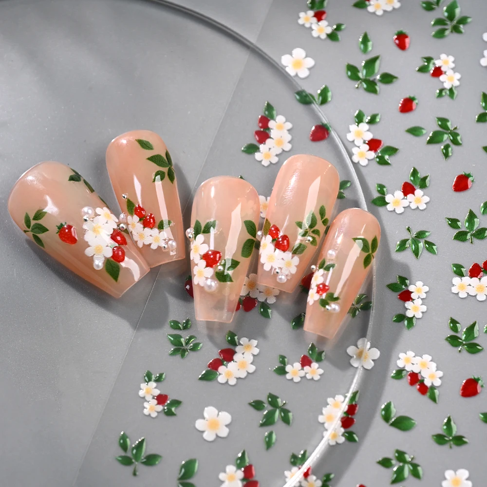 1pcs Delicate Chic White Flower Jelly Green Leaves Nail Stickers 5D Red Fruits Lily Gardenia Nail Decals DIY Rhinestone Manicure