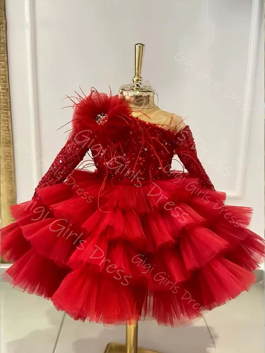 Abito da ragazza di fiore per bambini personalizzato maniche lunghe con paillettes in rilievo fiocco a strati abito da principessa in tulle abito da compleanno al ginocchio personalizzato