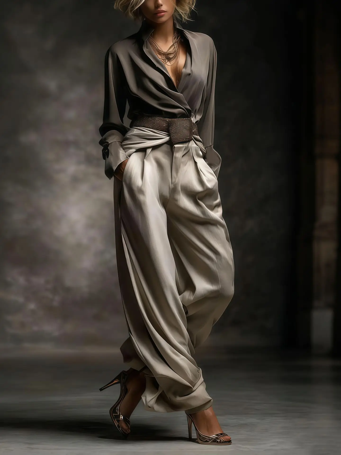 

Women's Gradient Satin Two Piece Set Long Sleeve Wrap Collar Top High Waist Wide Leg Pants with Pocket Chic Streetwear Summer