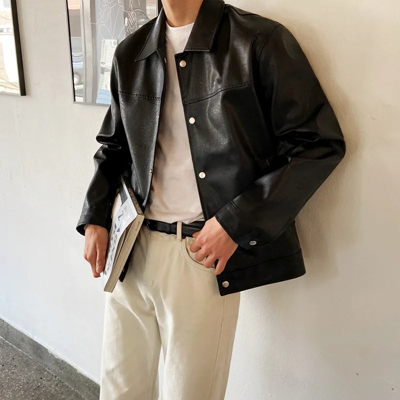 Polo Collar Leather Jacket Men's Korean Version Trendy Casual Versatile Motorcycle Wear, Autumn and Winter Slim Fitting Leather