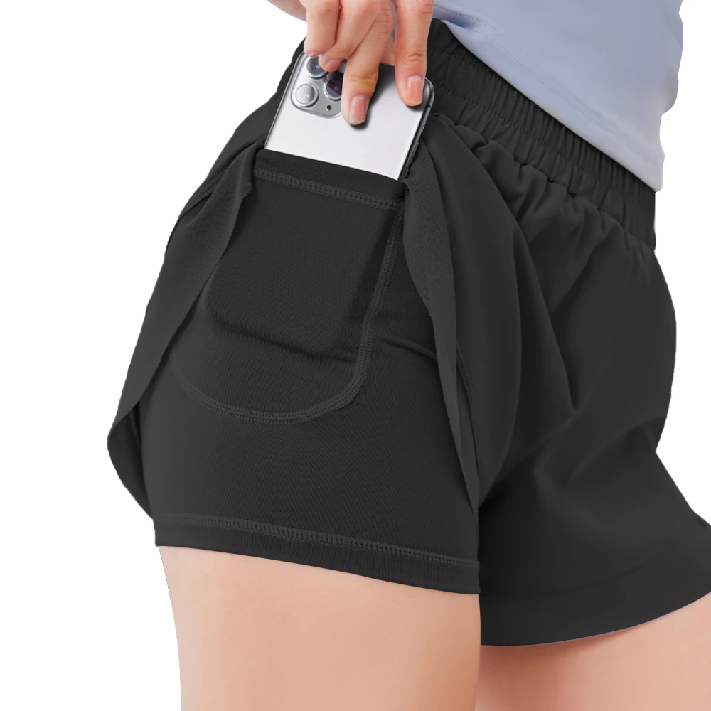 

Women's Solid Color Low-Rise Loose Fit Quick Dry Fitness Workout Safety Pants Fake Two Piece Yoga Running Shorts With Pocket