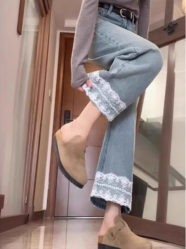 

plus Size Lace Denim Pants Women Summer High Waist Wide Leg Pants Conceal Meat Slim Pear Shape Straight Leg Trousers