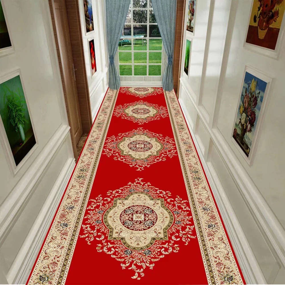 European Style Long Corridor Carpet Red Lobby Hallway Rug Non-slip Washable Hall Runner Customizable Stairs Luxury Floor Mats 러그