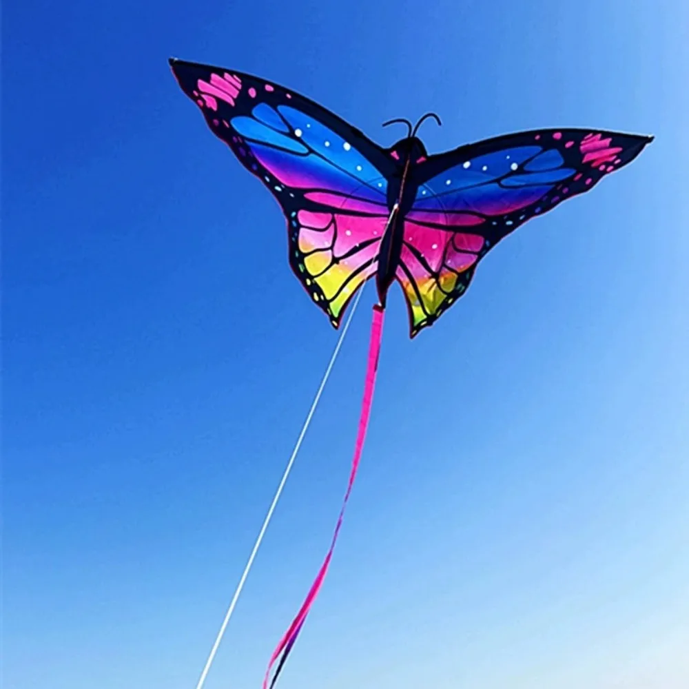 Cometa de mariposa colorida fácil de volar, cometa voladora para niños, cuerda de cometa de 100 metros, cola larga, juguete volador al aire libre