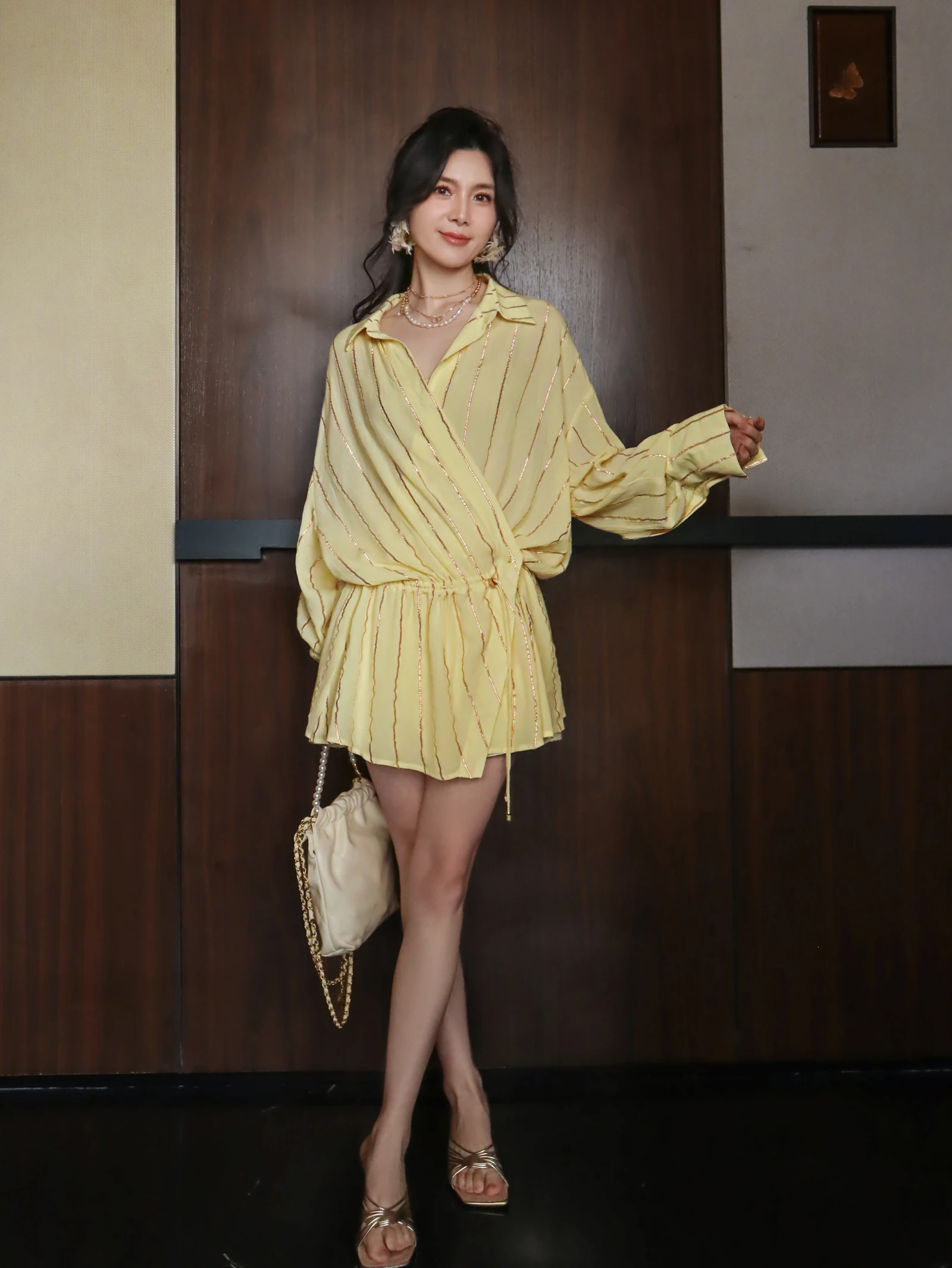 

Thin Silk Stripe Batwing Sleeve Shirt Jacket Casual Loose Fit Belted Slimming Lightweight Summer Fashion Women's Top
