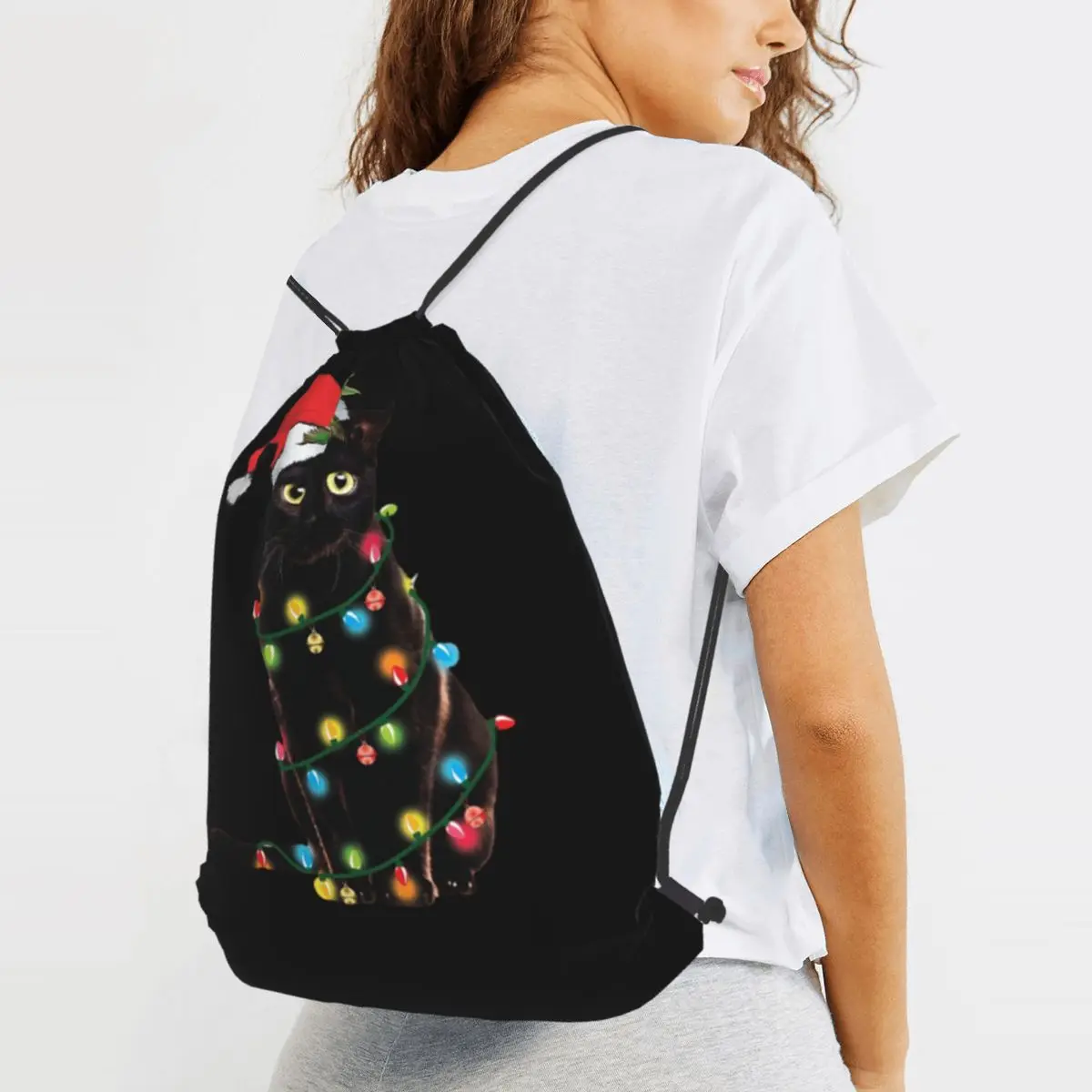Black Santa Cat Tangled Up In Lights Christmas Santa Backpacks Casual Drawstring Bags Sports Bag Book Bags for Man Woman School