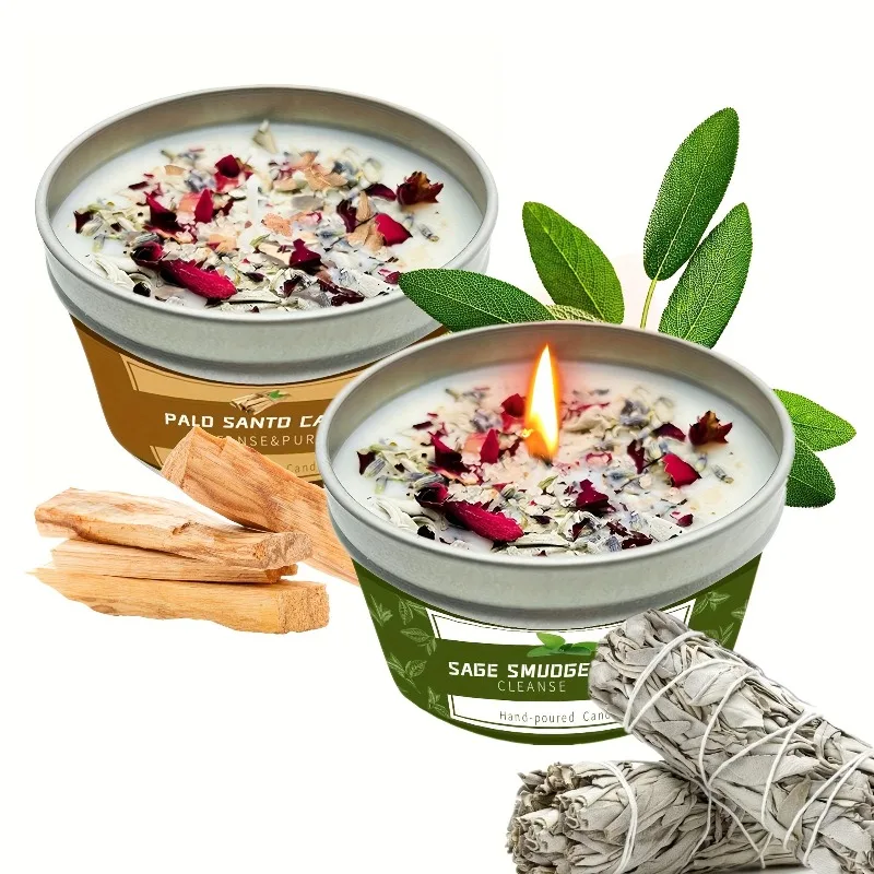 Palo Santo Candle Cleanse - 2pcs Lasting Sage Lavender Smudge Candle Set 80g 30 Hour Burn Made of Soy Wax Sage & Lavender for House Cleansing