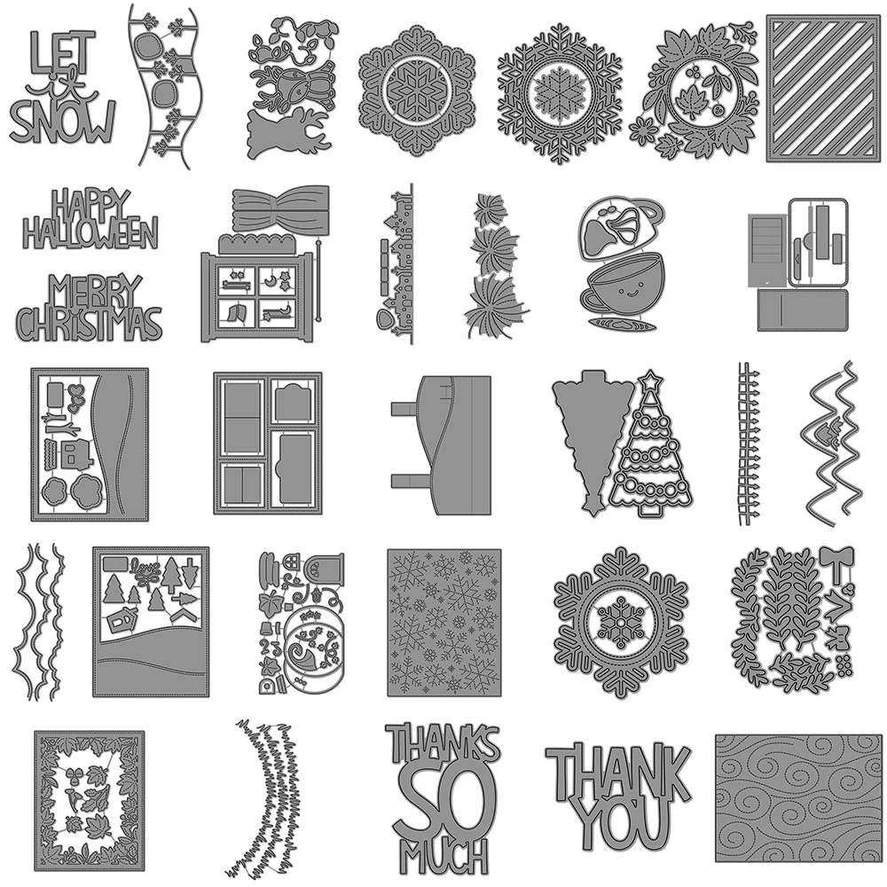 Snowflake Wreath Background Cutting Dies Window Hillside Border Diecut Thank You Words Mould for DIY Halloween Christmas Cards