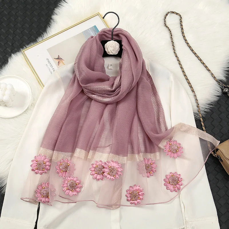 

New Fashion Flower Hijab Beaded Scarf Women Organza Shawl Long Scarves Summer Beach Stoles Bandana Foulard Pashmina Bufanda Wrap