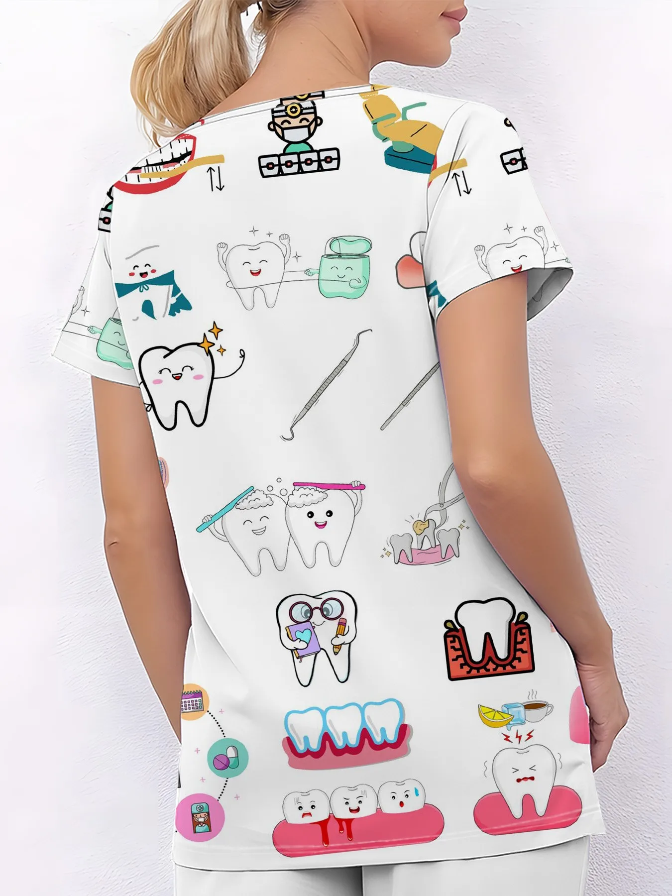2026 Summer New Fashionable Casual Trendy Comfortable Versatile 3D Tooth Pattern Printed Women's V-neck Nurse Uniform