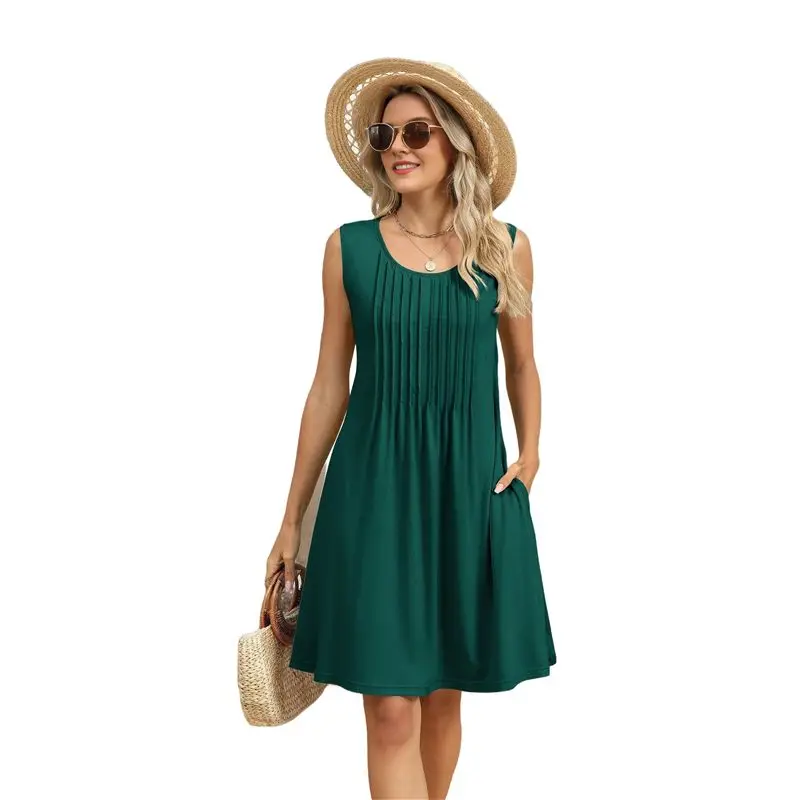 Hot-Loose Beach Vacation Casual Crew Neck Sleeveless Sundresses With Pockets Tank Dress