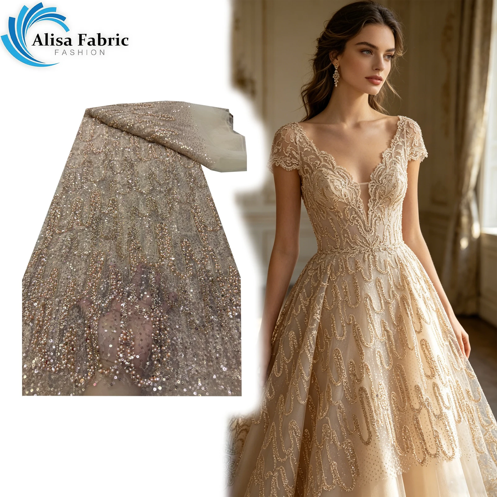

High quality Beaded Lace 5 yards fabric for elegant church wedding party evening dress Used for the bride's wedding dress