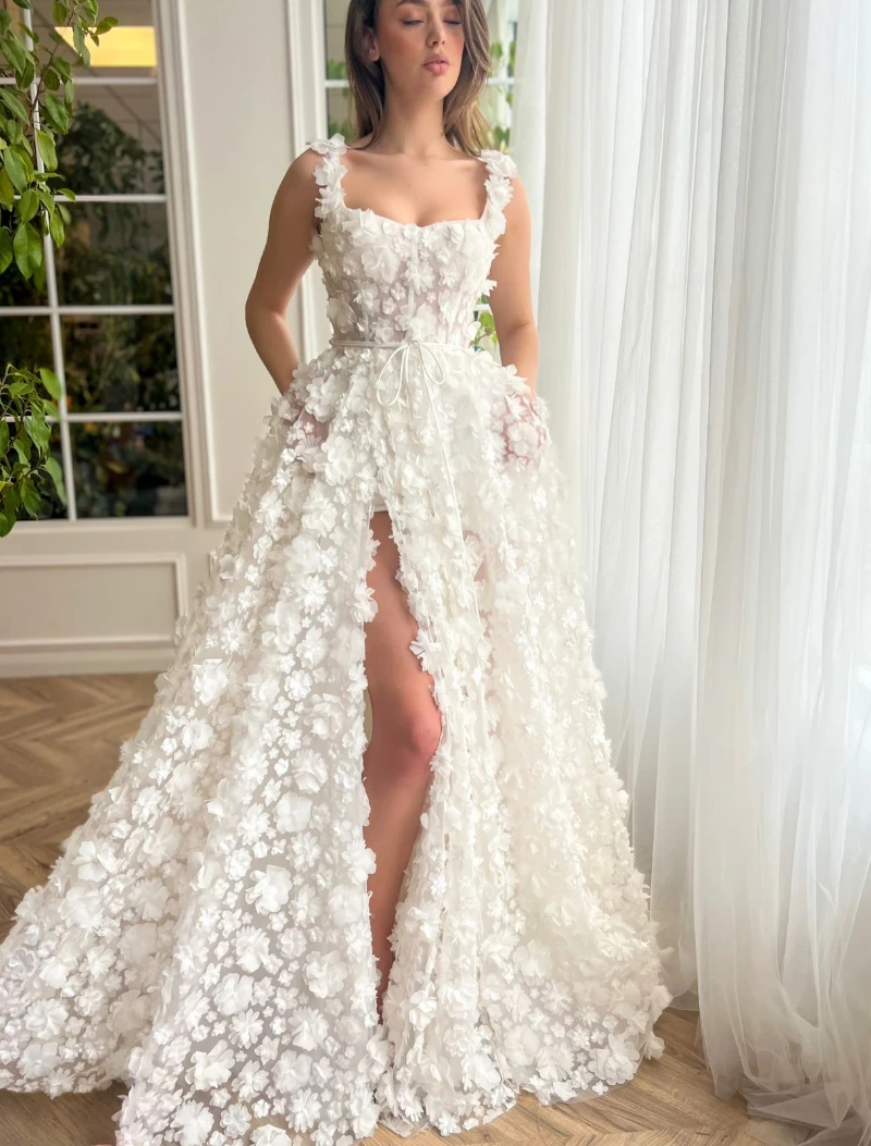 18112#Romantic A-line White Fairy Flower Wedding Dress Appliques Lace Bride Dresses Evening Party Gown for Women Robe De Mariée