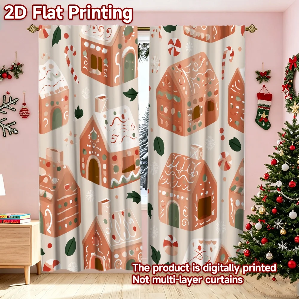 2D flat printing 2pcs Christmas Scene Curtains Christmas Gingerbread Houses(1) Durable polyester fiber Festive Holiday Perfect