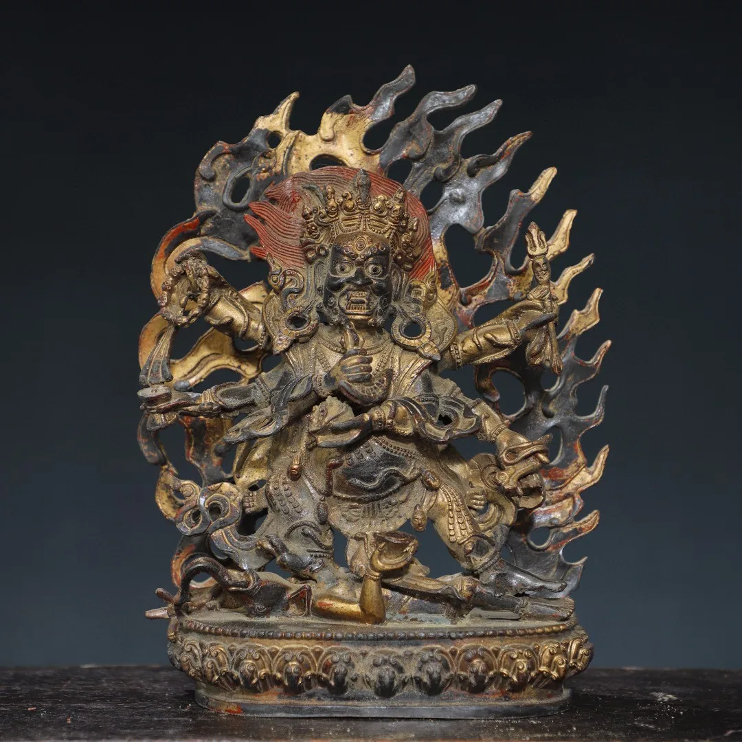 Tibetan Pure Copper Gilded Vermilion Sand Painted Face with Six Arms Maha Black God of Wealth Home Buddhist Hall Decoration Supp