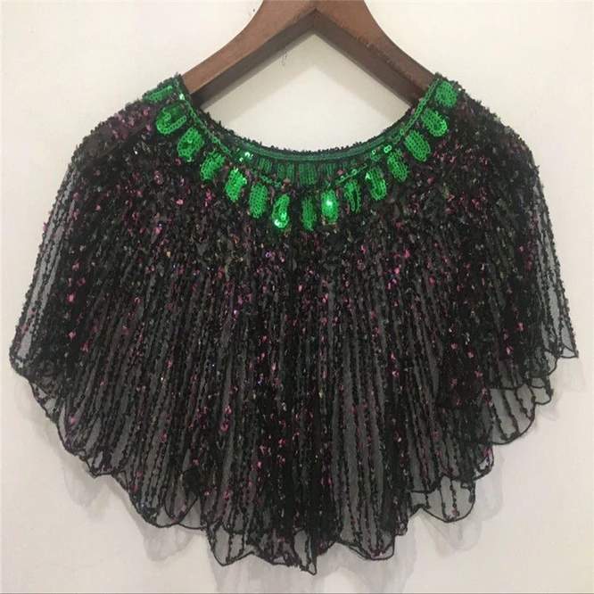 2023 Spring Summer Women Mesh Versatile Small Dress Short Beaded Small Sweater Capes Sequins Lady Cloaks Poncho Black Green