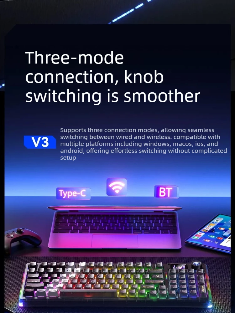 AULA F98ProV3 Bluetooth 2.4G mechanical keyboard wireless wired transparent hot-swappable RGB gaming PC tastiera meccanica ipad