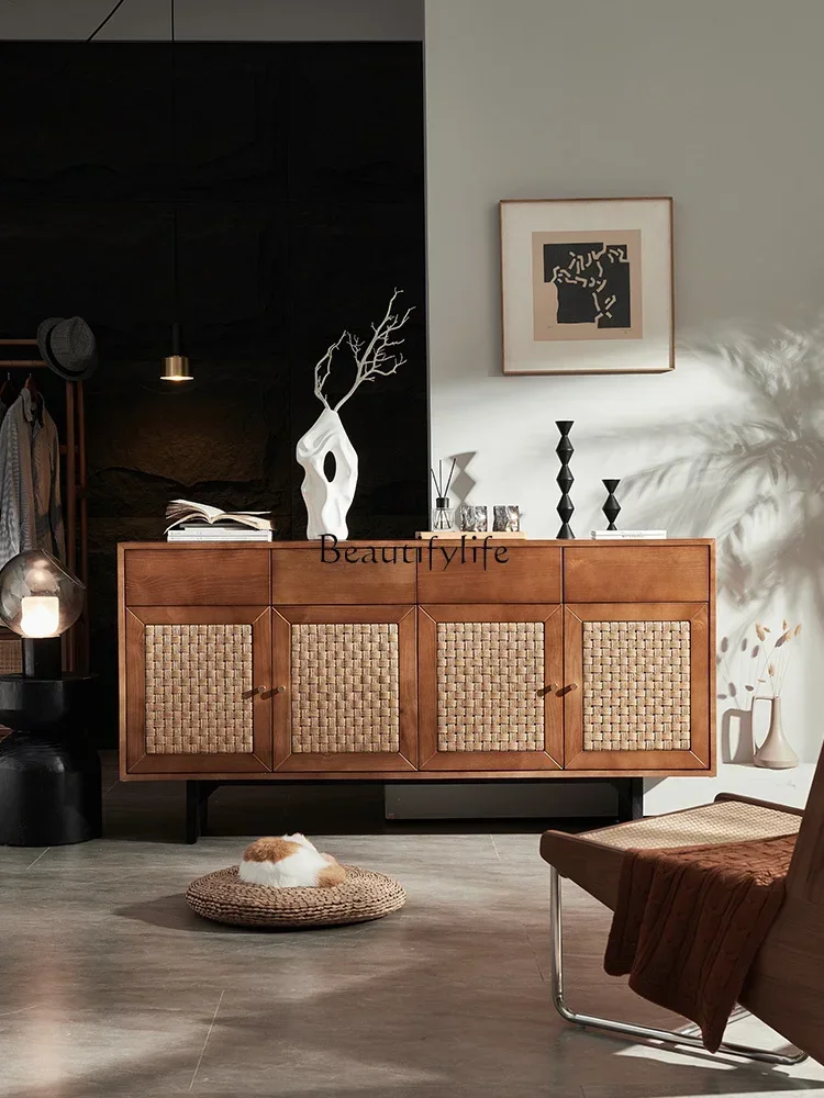 

LD33Nordic solid wood simple modern living room storage Japanese rattan entrance cabinet