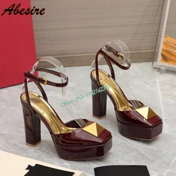 Jesień Nowe Rivet Water Platform Pumps Square Toe Thick Heel Buckle Strap Runway Shoes Fashion Party Dress Sandals For Women 43