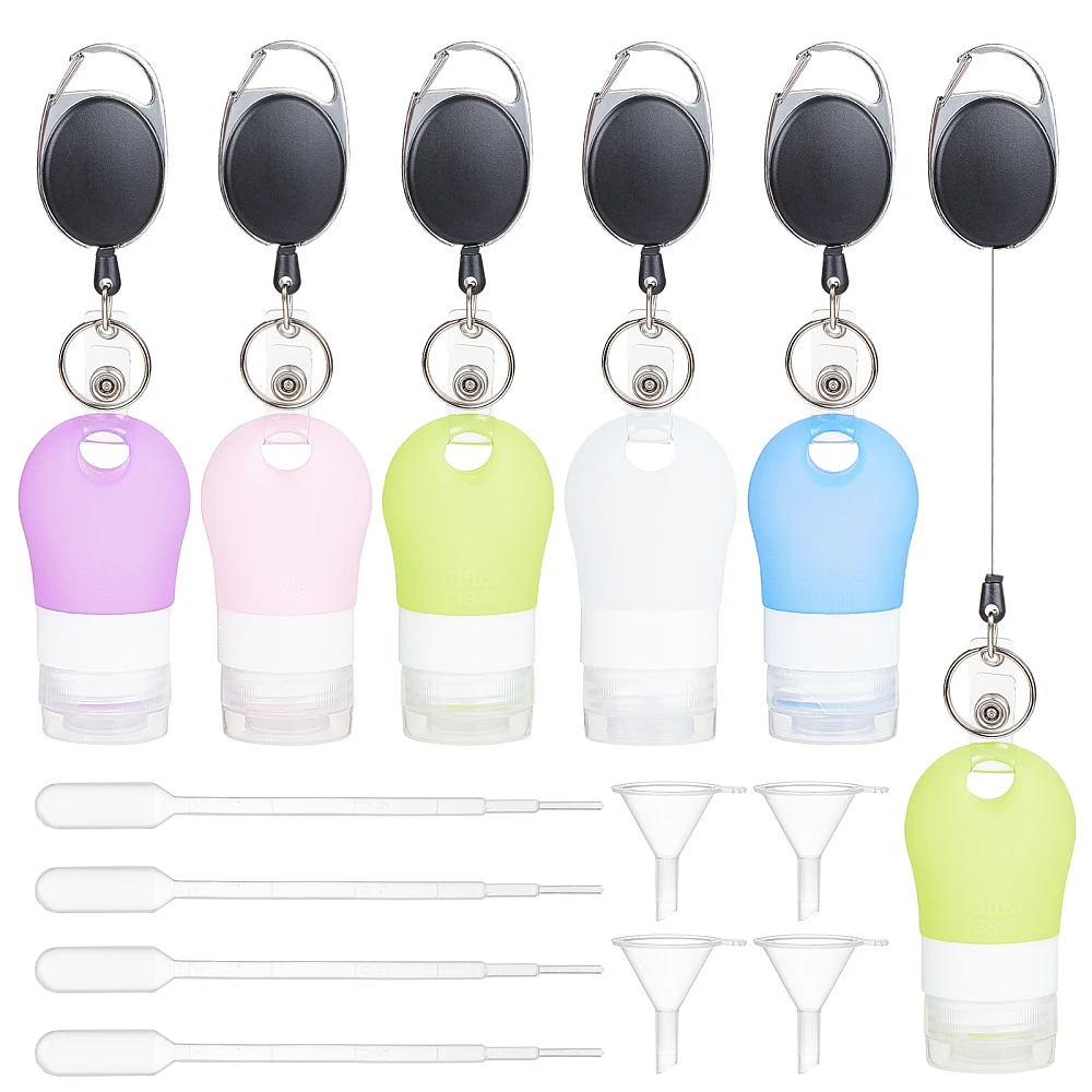 

Portable Silicone Travel Bottles with Plastic Retractable Badge Holders Pipettes and Funnel Hopper Mixed Color 24pcs/set