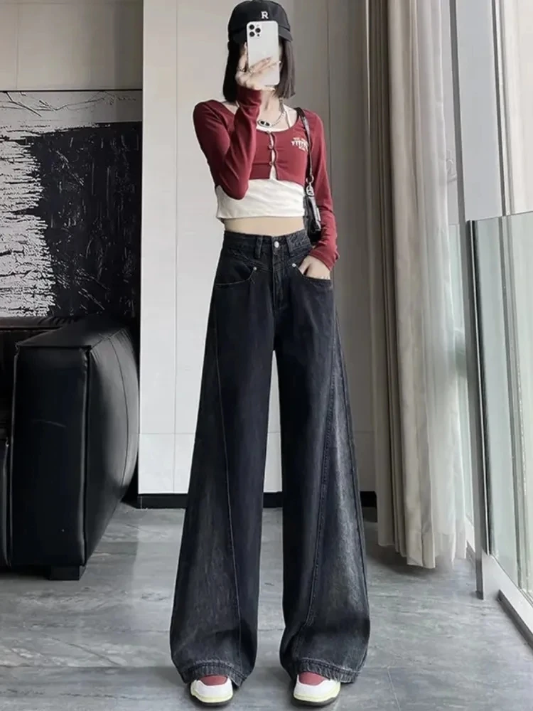 GAODINGLAN High Street Wear Women Baggy Denim Pants Contrasting Color Large Size Black Jeans Female Wide Leg Y2k Long Trousers