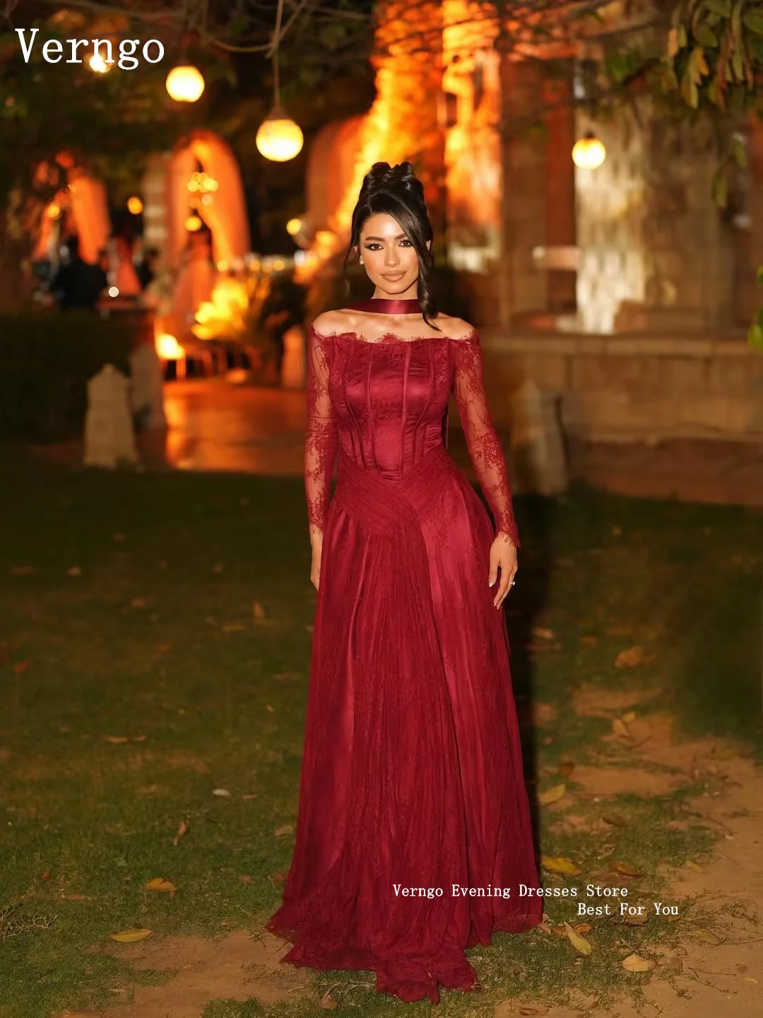 

Verngo Luxury Burgundy Lace Evening Dress Princess A Line Maxi Prom Gowns Full Sleeves Photo Prom Party Dresses Customized
