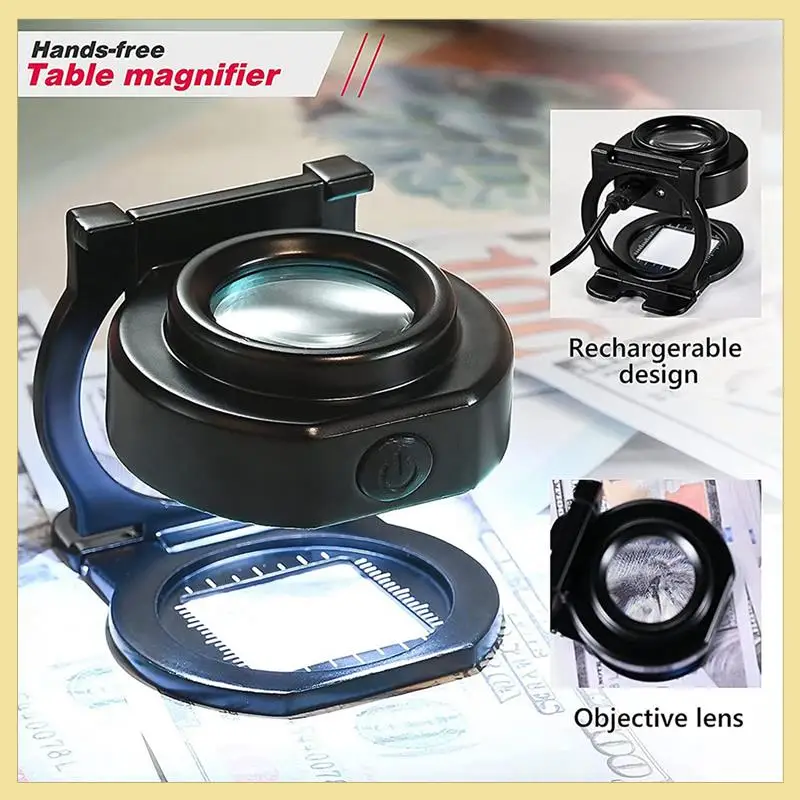 

TTKK-5Pcs 25X Loupe Magnifier With 6 Light, USB Three-Folding Desktop Portable Metal Eye Loupe Scale Sewing Magnifing Glass