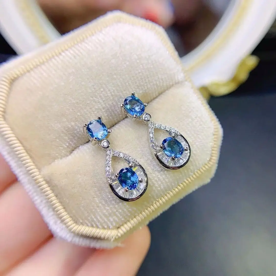 ZECAA เครื่องประดับ Drop ต่างหู London Blue Topaz อัญมณี 4*5 มม.ต่างหูเครื่องประดับสําหรับผู้หญิง Lady Vintage เงินต่างหู