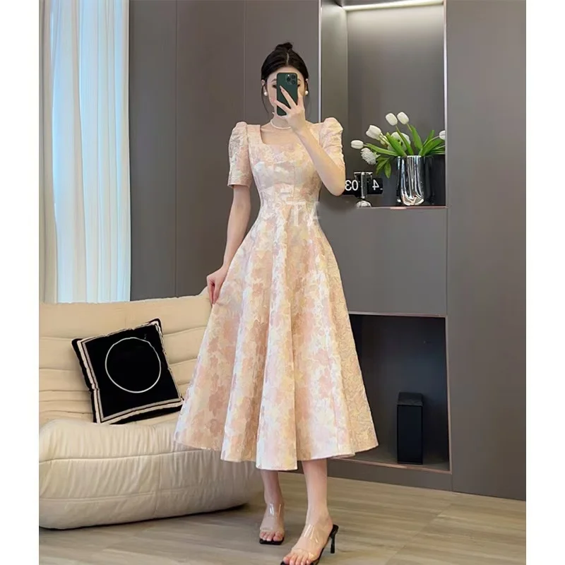 Pink Floral Long Dresses Spring Summer Puff Sleeve Vintage French Style Vestidos Mujer Elegant Sweet Women Dress