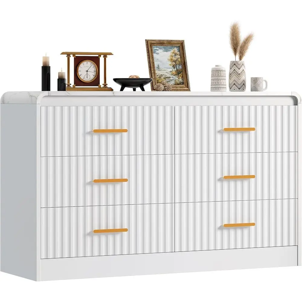6-Drawer Wood Dresser with Power Outlet, TV Stand with 6 Drawers and Bar Handles, White Living Room Chest of Drawers