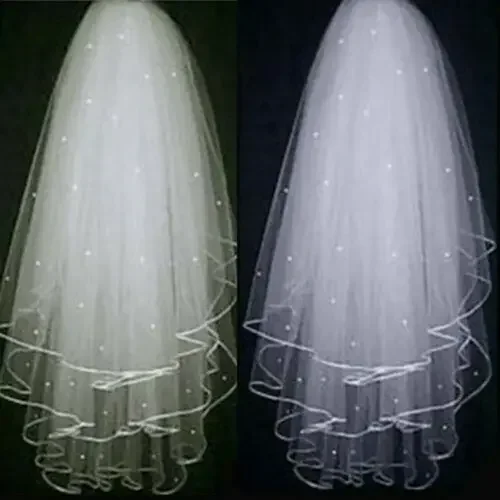 White\Ivory 3 Layer Wedding Veil Elbow Satin Edge Bridal Pearls Comb 2024