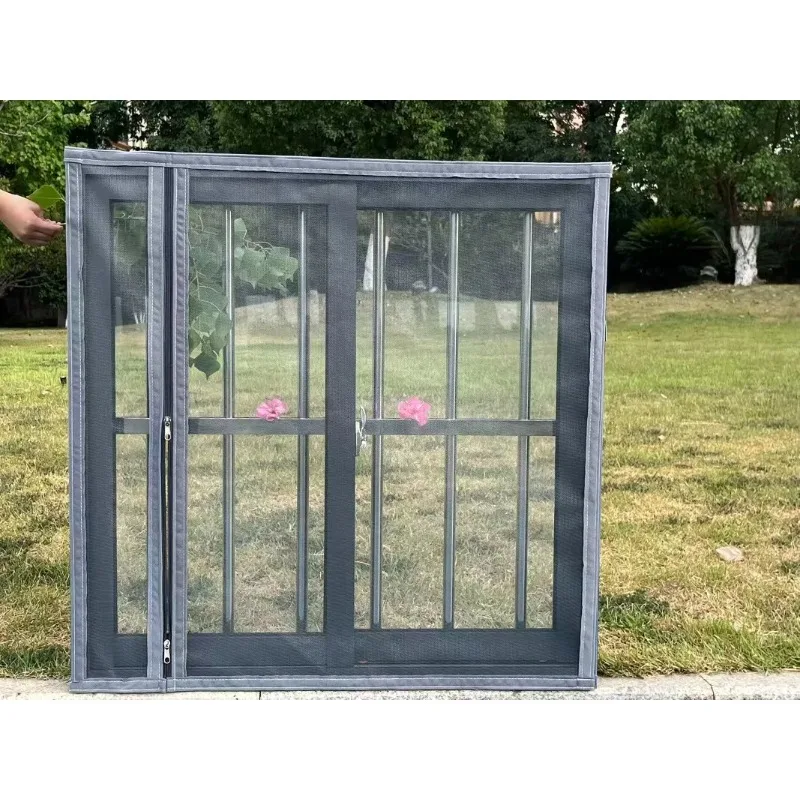 Grey Side Zipper Customized Size, Multi Size Self-Adhesive Window Screen, Mosquito Screen Window