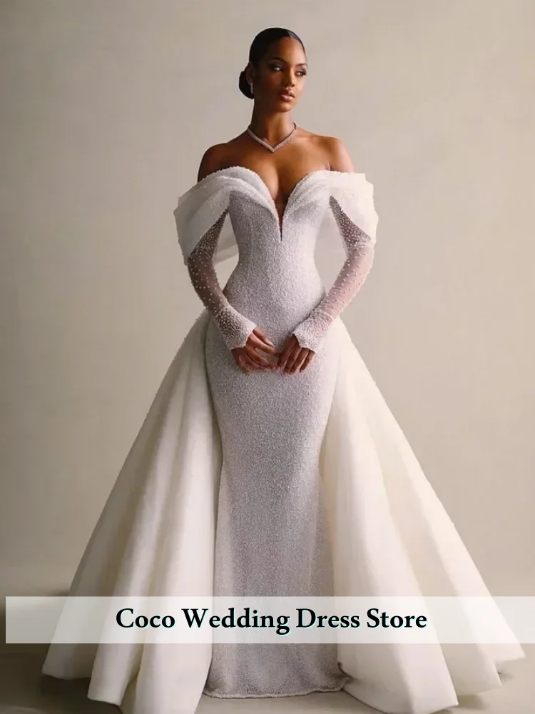 맞춤형 머메이드 탈부착 가능 2 in 1 웨딩드레스 레이스 스팽글 트레인 V넥 긴팔 빈티지 신부 드레스 베스티도 데 노비아