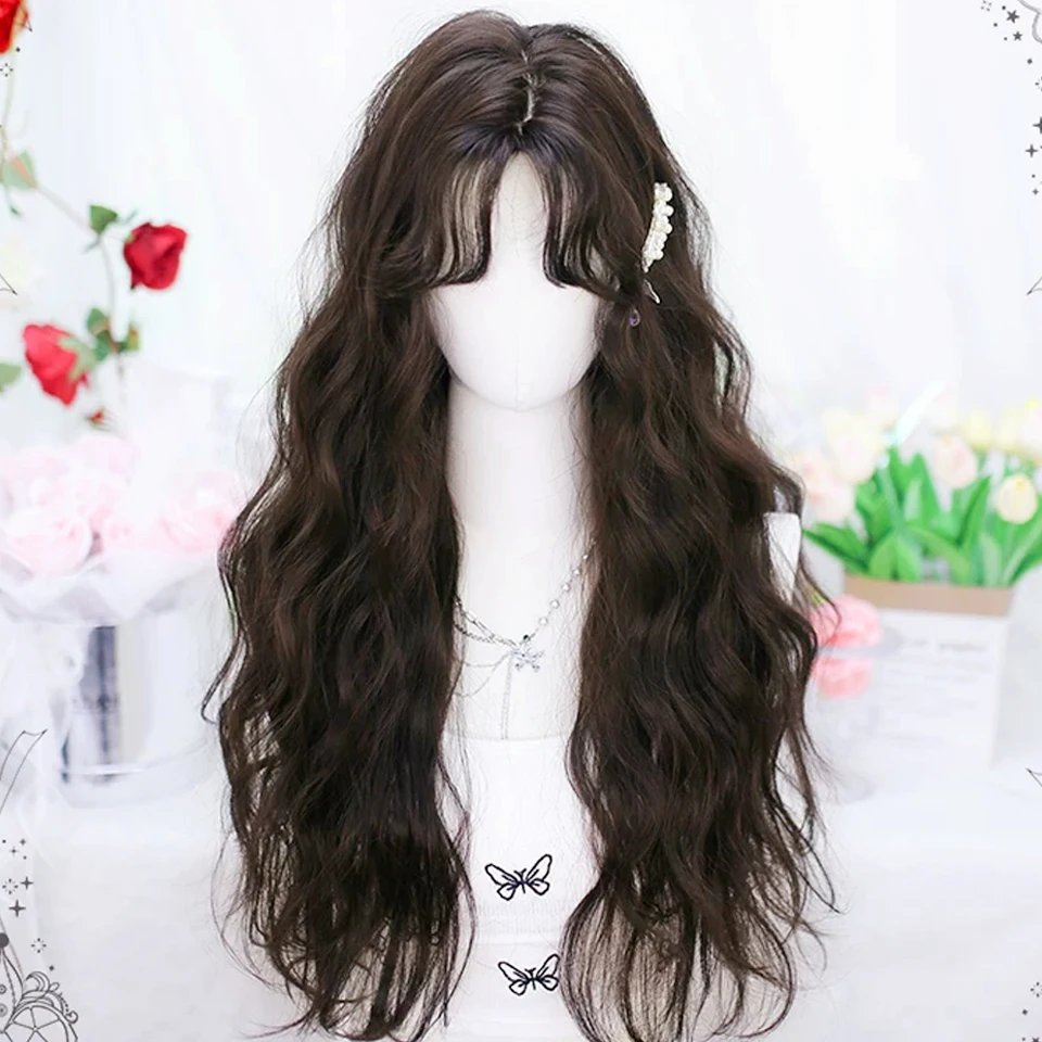 Synthetic Dark brown Wavy Curly Wig with Bangs Long Wavy Heat Resistant Synthetic Wigs for Women Daily Party Usely