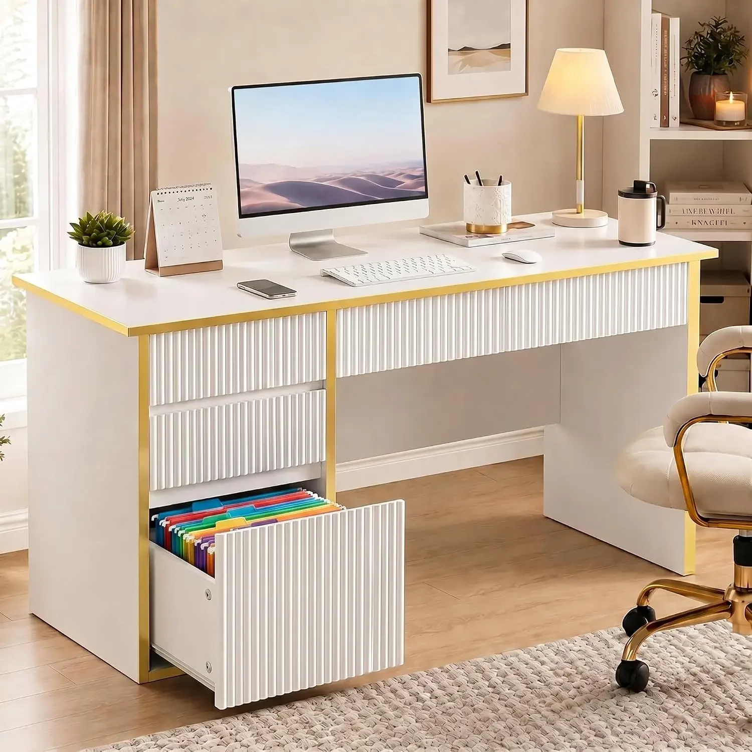 White Desk with Drawers, 47'' Computer Desk with 4 Drawers for Small Spaces, Small Office Desk with File Drawer for Study Room,