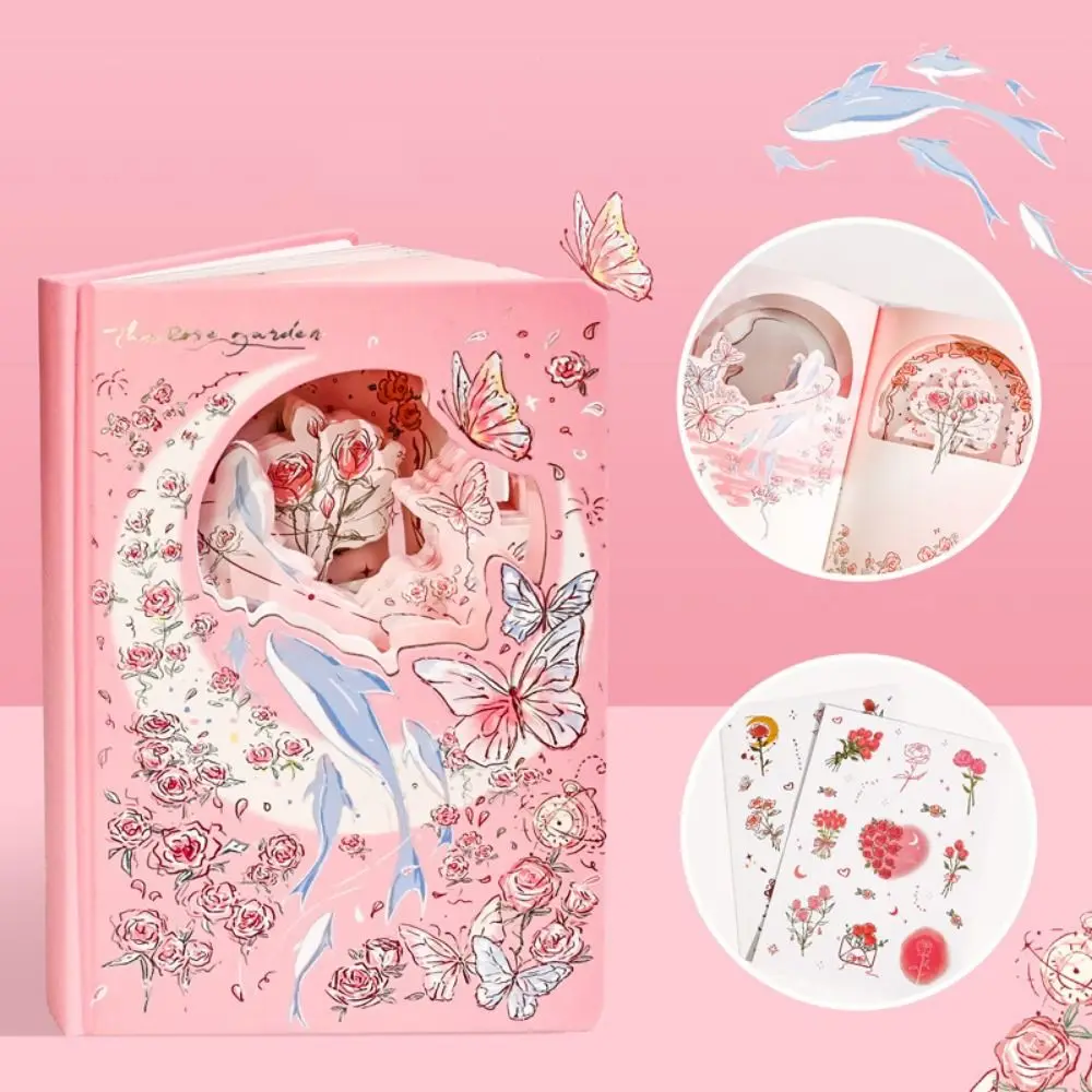 Rose Style Exquisite Diary Notebook Color Pages Multi Layer Retro Rose Notebook Alien Hollow Out Gift Stickers