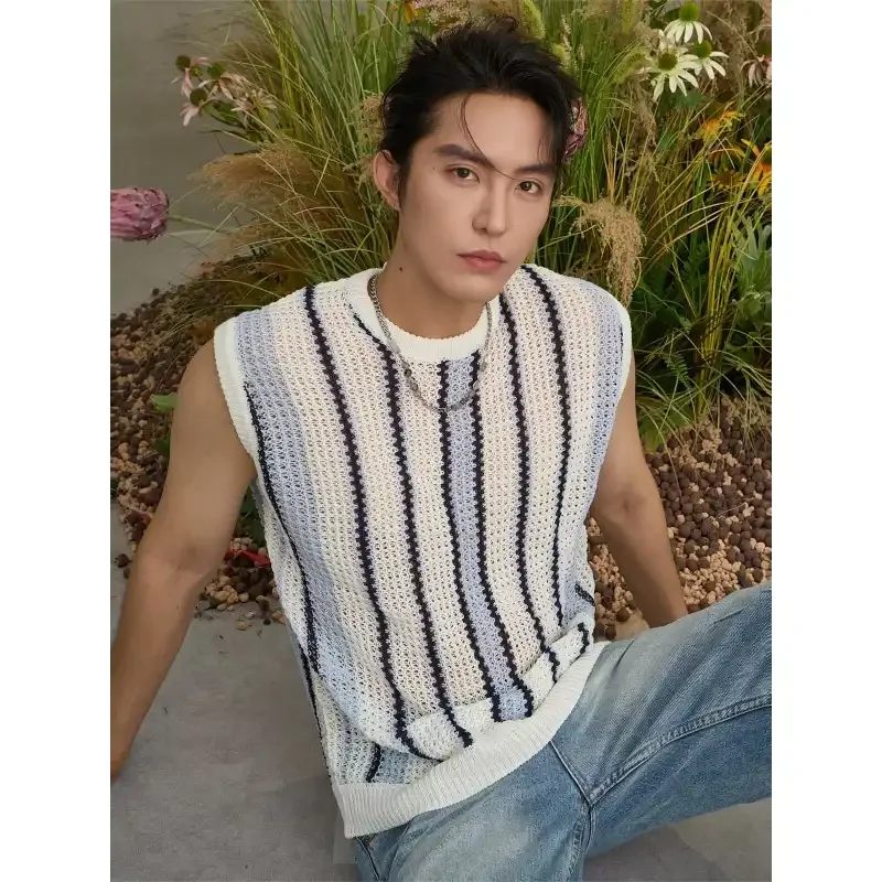 Striped Knit Sleeveless Top For Men Summer Casual Trendy Breathable Design Round Neck Lightweight Wear