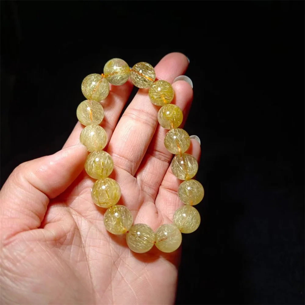 12.5MM Natural Gold Rutilated Quartz Bracelet Women Trendy Reiki Healing Elastic Yoga Energy Wristband Jewelry Gift 1pcs